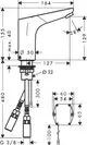Hansgrohe Waschtischmischer mit einem schlanken, modernen Design. Enthält elektronische Steuerung und Temperaturregelung. Sichtbare Anschlussleitungen und Montagemöbel im technischen Schema.
